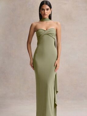 Club L London Strapless Olive Green Column Evening Dress with Draped Neck Detail